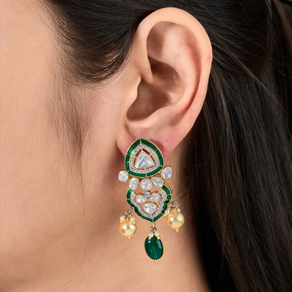 Royal Kundan & Green Enamel Dangler Earrings - 1