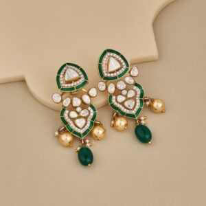 Royal Kundan & Green Enamel Dangler Earrings - 2
