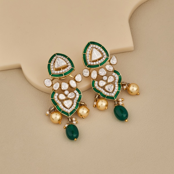 Royal Kundan & Green Enamel Dangler Earrings - 2