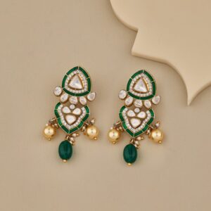 Royal Kundan & Green Enamel Dangler Earrings - 3