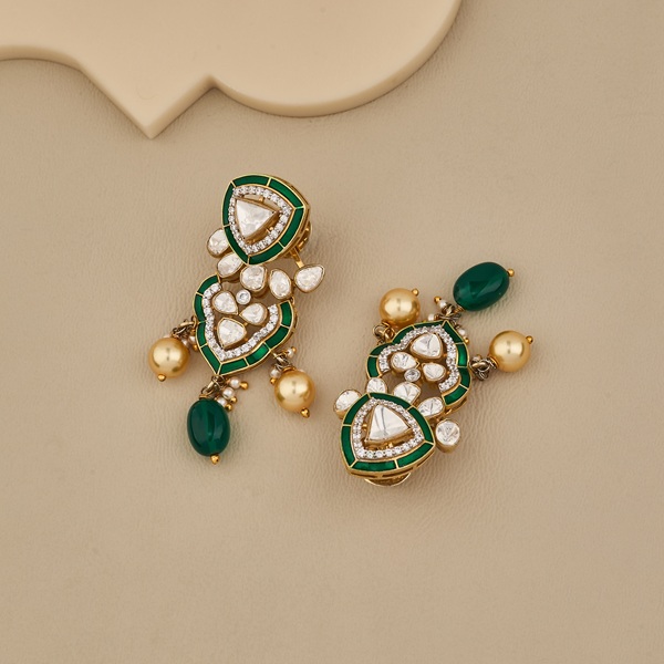 Royal Kundan & Green Enamel Dangler Earrings - 4