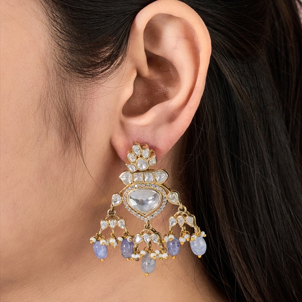 Timeless Kundan & Blue Beaded Chandbali Earrings - 1