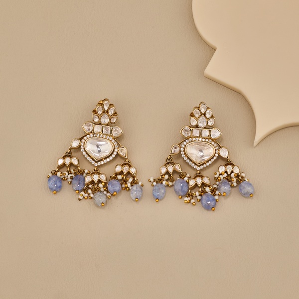 Timeless Kundan & Blue Beaded Chandbali Earrings - 2