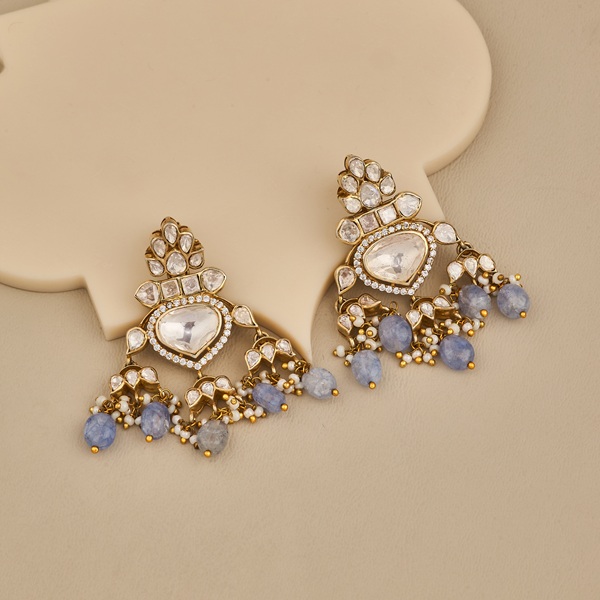 Timeless Kundan & Blue Beaded Chandbali Earrings - 4