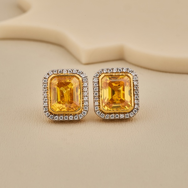 925 Silver Emerald Cut Yellow Solitaire Stud Earrings With CZ Halo - 2