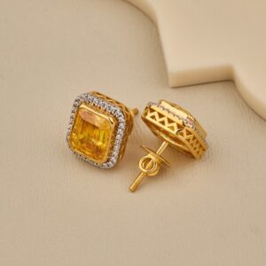 925 Silver Emerald Cut Yellow Solitaire Stud Earrings With CZ Halo - 3
