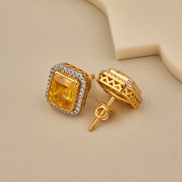925 Silver Emerald Cut Yellow Solitaire Stud Earrings With CZ Halo - 3