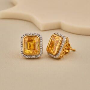 925 Silver Emerald Cut Yellow Solitaire Stud Earrings With CZ Halo - 4