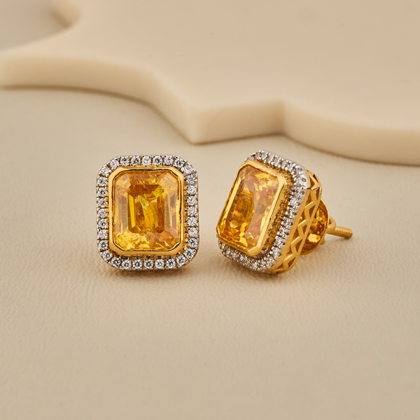 925 Silver Emerald Cut Yellow Solitaire Stud Earrings With CZ Halo - 4