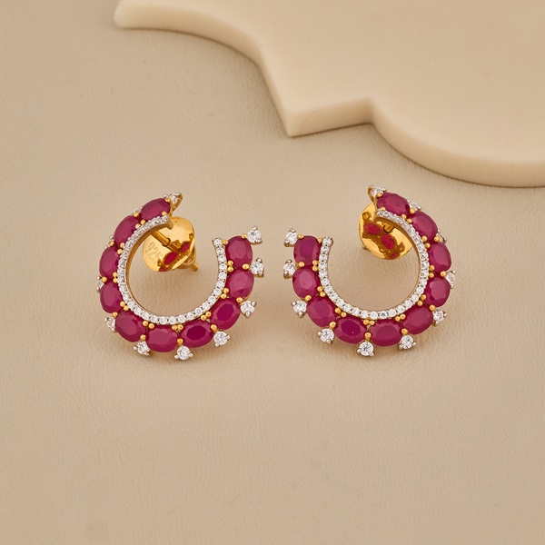 925 Silver Gold Plated Ruby Pink Half Hoop Earrings With CZ Accents - 2