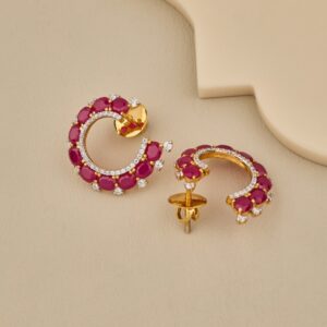 925 Silver Gold Plated Ruby Pink Half Hoop Earrings With CZ Accents - 3