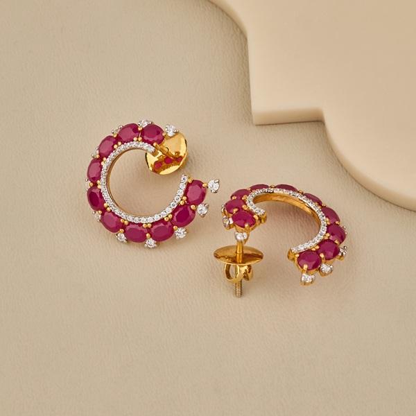 925 Silver Gold Plated Ruby Pink Half Hoop Earrings With CZ Accents - 3