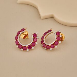 925 Silver Gold Plated Ruby Pink Half Hoop Earrings With CZ Accents - 4
