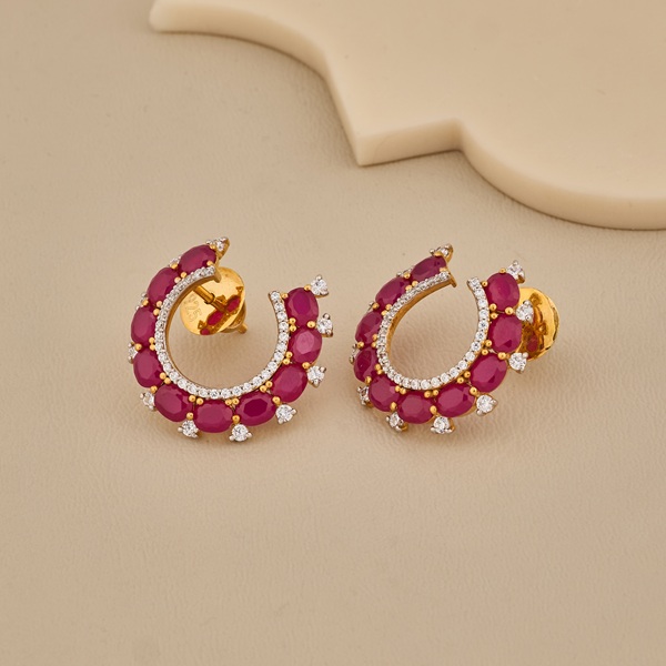 925 Silver Gold Plated Ruby Pink Half Hoop Earrings With CZ Accents - 4