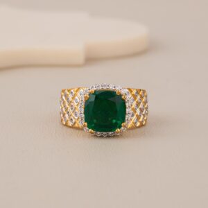 Emerald Green Cushion Ring In 925 Silver With 18K Yellow Polish & CZ Chex Band - 1