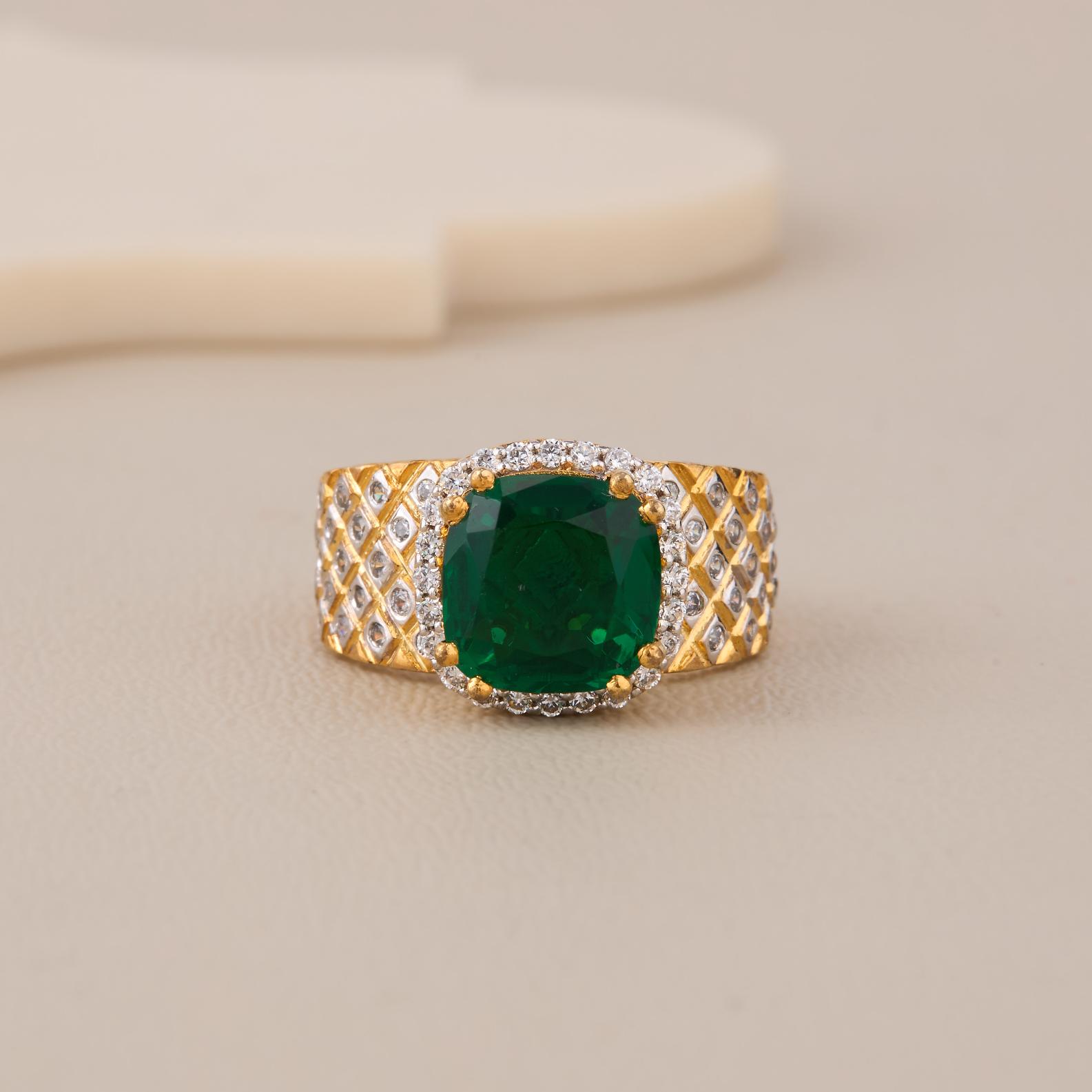 Emerald Green Cushion Ring In 925 Silver With 18K Yellow Polish & CZ Chex Band - 1 Emerald Green Cushion Ring In 925 Silver With 18K Yellow Polish & CZ Chex Band - 1