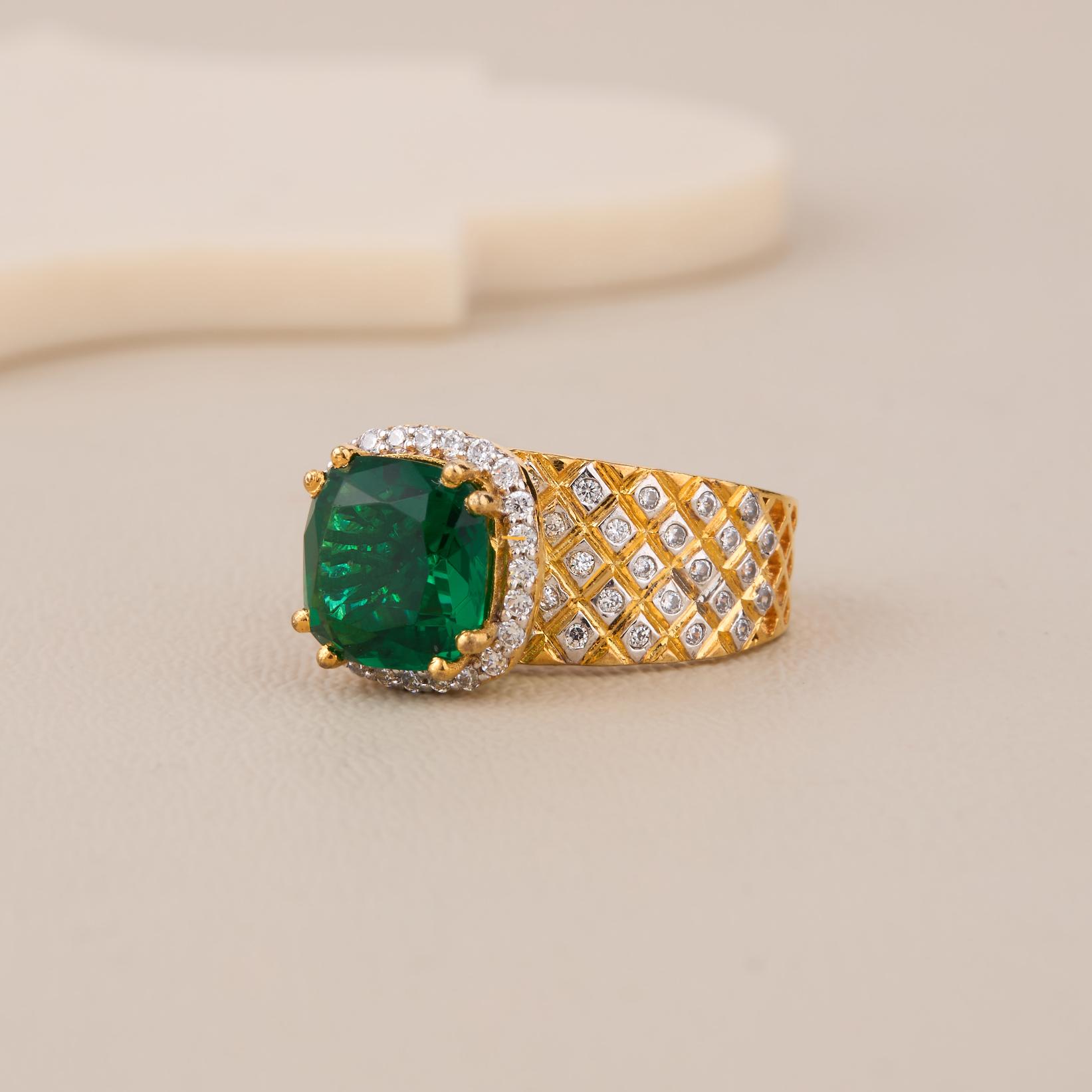 Emerald Green Cushion Ring In 925 Silver With 18K Yellow Polish & CZ Chex Band - 2