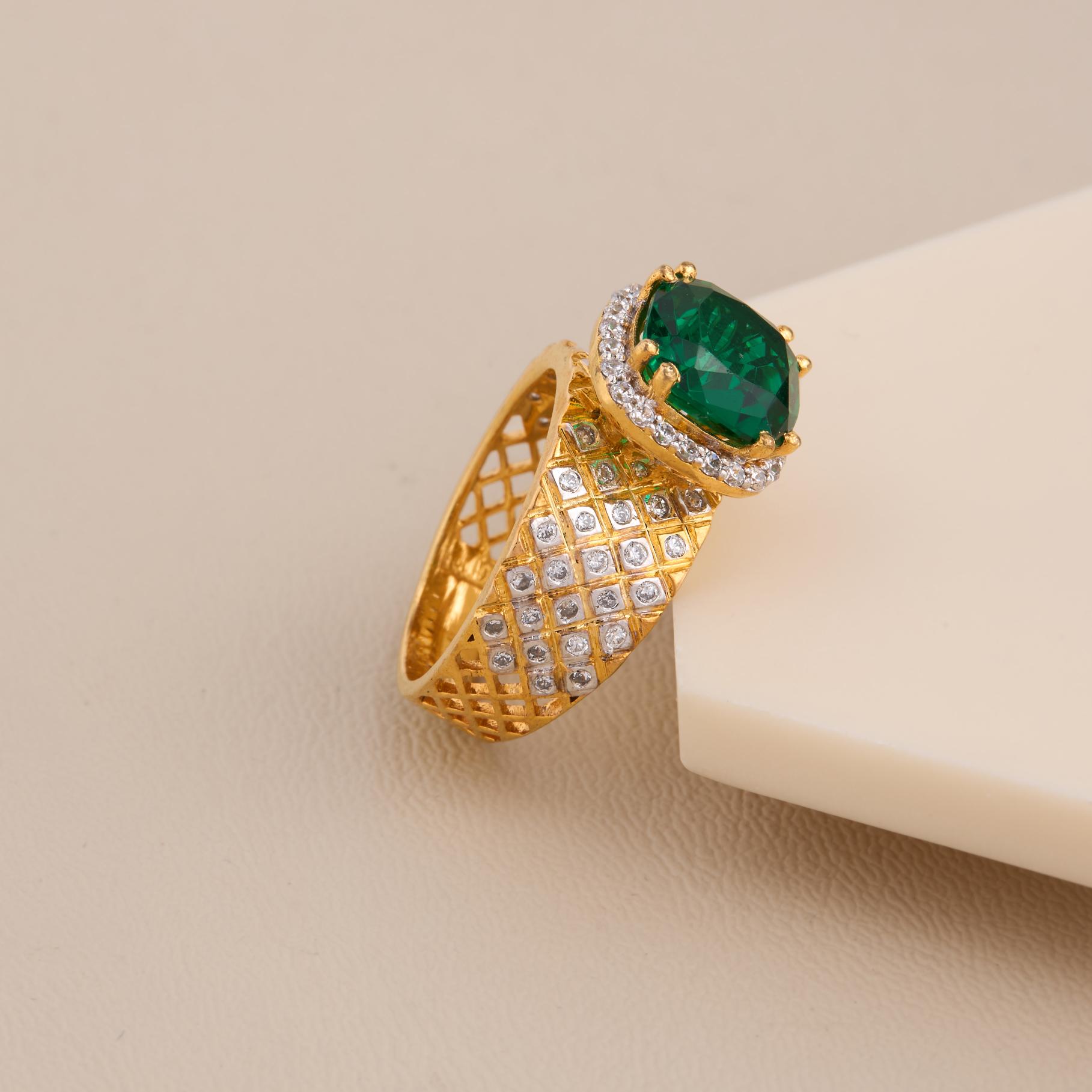Emerald Green Cushion Ring In 925 Silver With 18K Yellow Polish & CZ Chex Band - 3