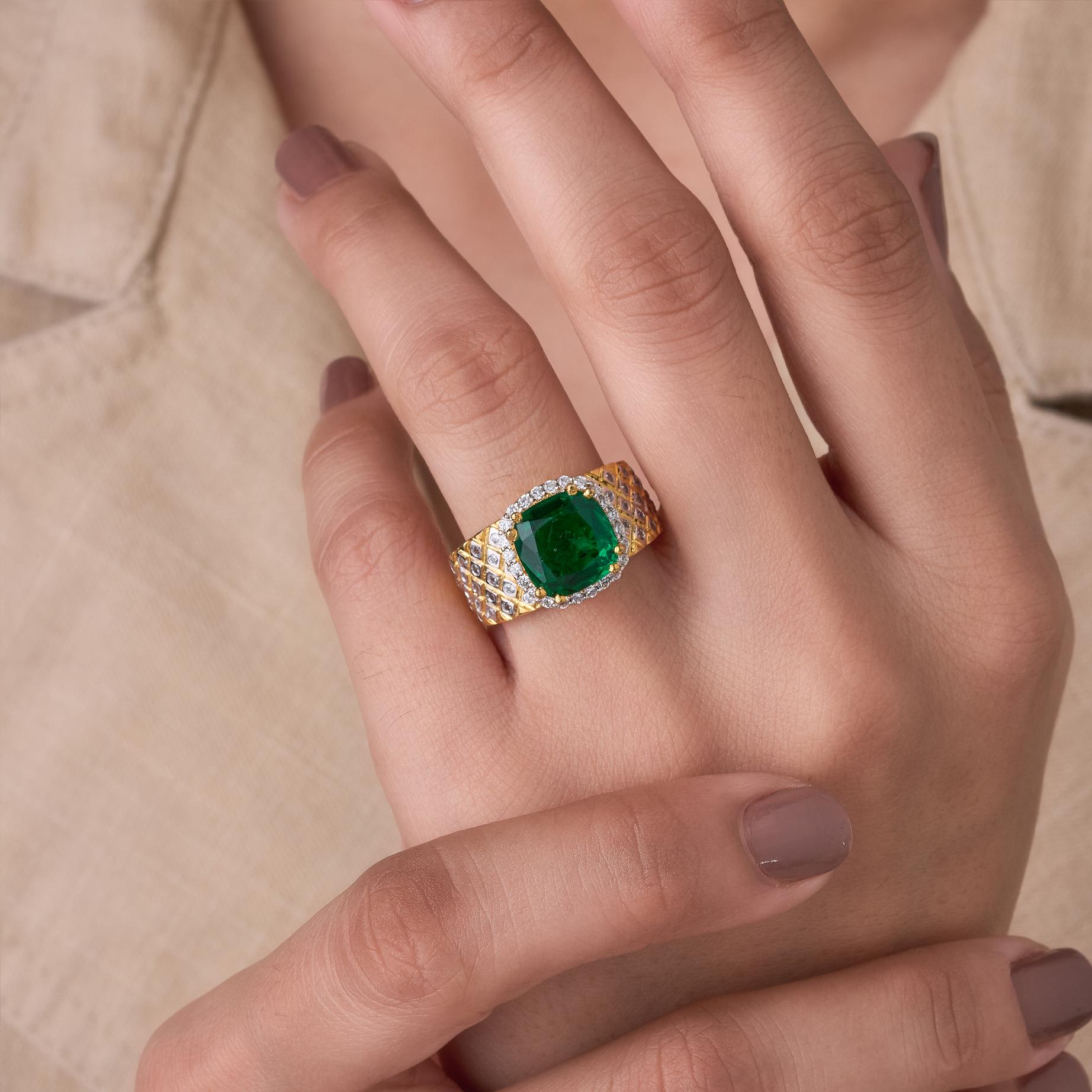 Emerald Green Cushion Ring In 925 Silver With 18K Yellow Polish & CZ Chex Band - 4