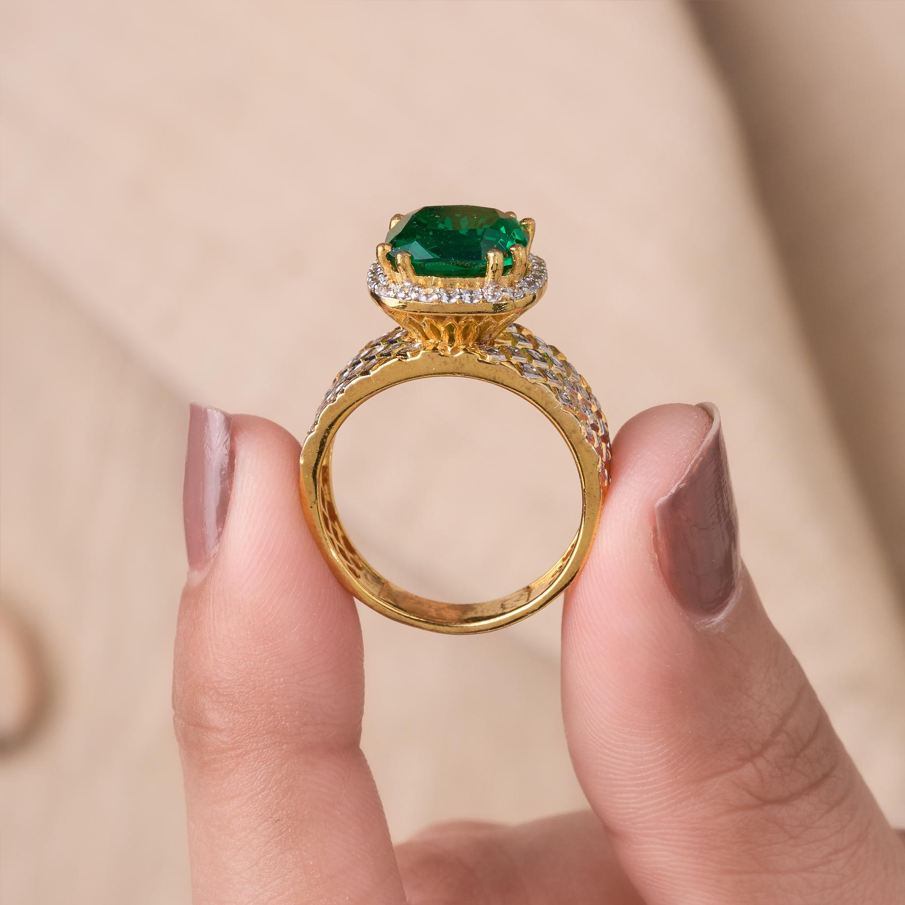 Emerald Green Cushion Ring In 925 Silver With 18K Yellow Polish & CZ Chex Band - 5