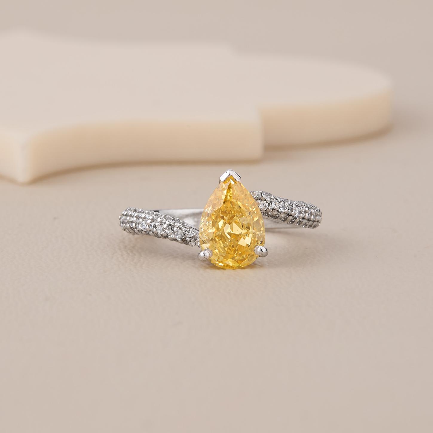 Yellow Fire Cut Pear Solitaire Ring In 925 Silver With CZ Twisted Band - 1