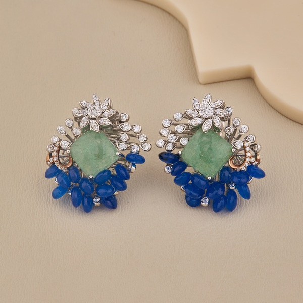 925 Silver Flower Design Green and Blue Gemstone Earrings - 2 925 Silver Flower Design Green and Blue Gemstone Earrings - 2