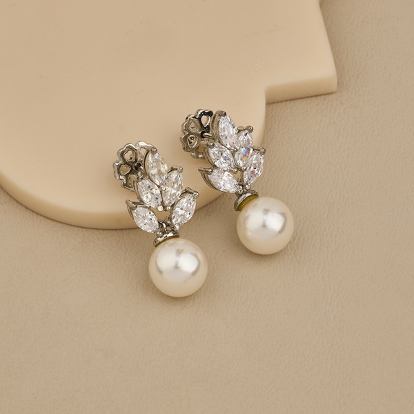 925 Silver Pearl and CZ Floral Drop Earrings - 2