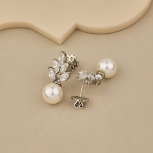 925 Silver Pearl and CZ Floral Drop Earrings - 4