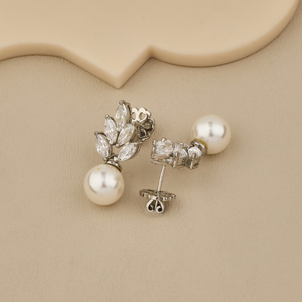 925 Silver Pearl and CZ Floral Drop Earrings - 4