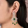 Elegant Green CZ Dangle Earrings with Floral Design - 1