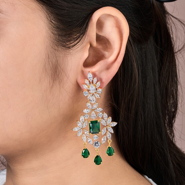 Elegant Green CZ Dangle Earrings with Floral Design - 1 Elegant Green CZ Dangle Earrings with Floral Design - 1