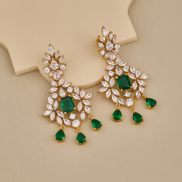 Elegant Green CZ Dangle Earrings with Floral Design - 2 Elegant Green CZ Dangle Earrings with Floral Design - 2