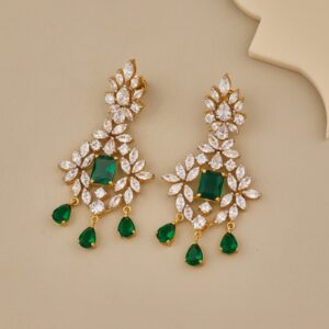 Elegant Green CZ Dangle Earrings with Floral Design - 3