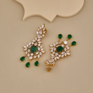 Elegant Green CZ Dangle Earrings with Floral Design - 4