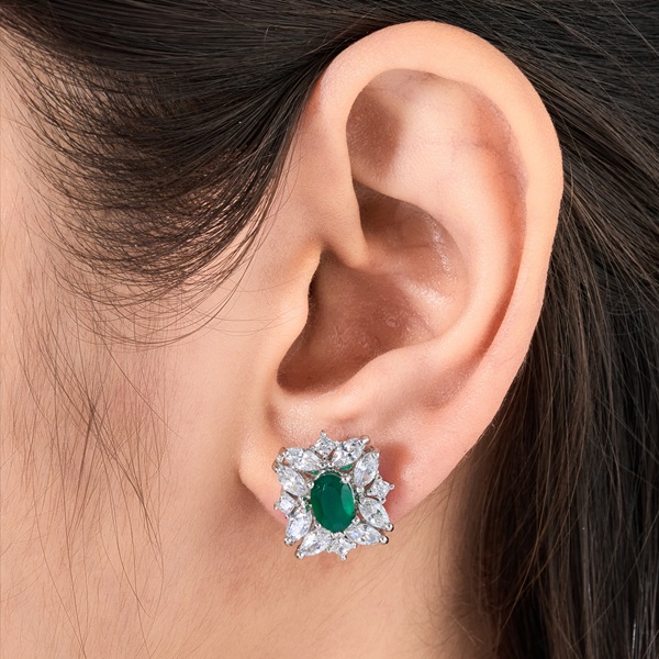 Emerald CZ Halo Stud Earrings in 925 Silver - 1