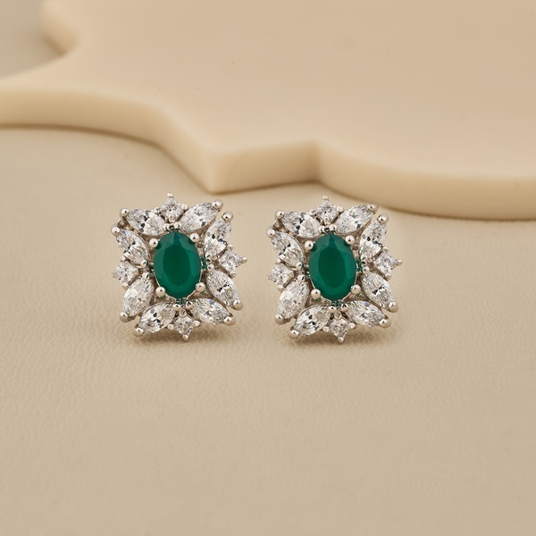 Emerald CZ Halo Stud Earrings in 925 Silver - 2