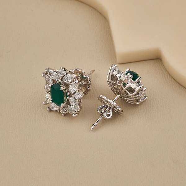 Emerald CZ Halo Stud Earrings in 925 Silver - 3