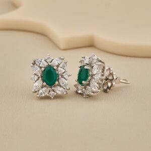 Emerald CZ Halo Stud Earrings in 925 Silver - 4