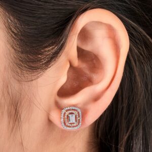 Radiant Emerald-Cut CZ Studs with Halo Design - 1