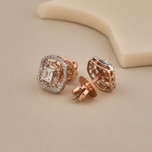 Radiant Emerald-Cut CZ Studs with Halo Design - 2