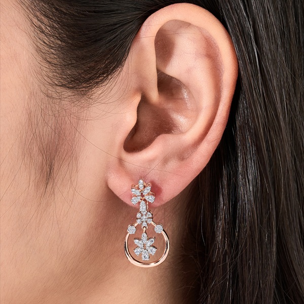 Rose Gold Floral CZ Hoop Dangle Earrings - 1 Rose Gold Floral CZ Hoop Dangle Earrings - 1