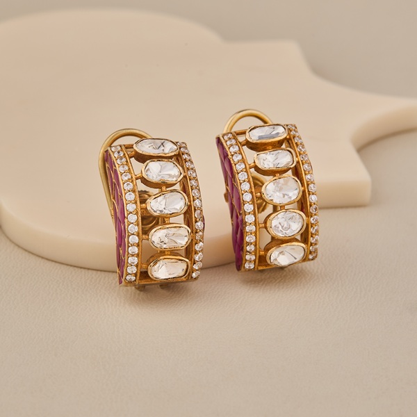 Stylish Ruby-Enamel CZ Gold Earrings - 2