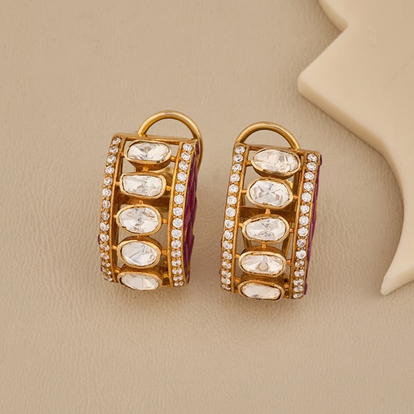 Stylish Ruby-Enamel CZ Gold Earrings - 3