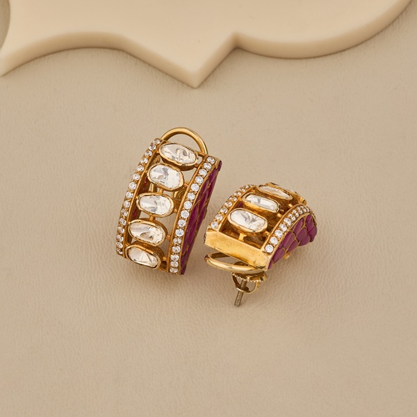 Stylish Ruby-Enamel CZ Gold Earrings - 4