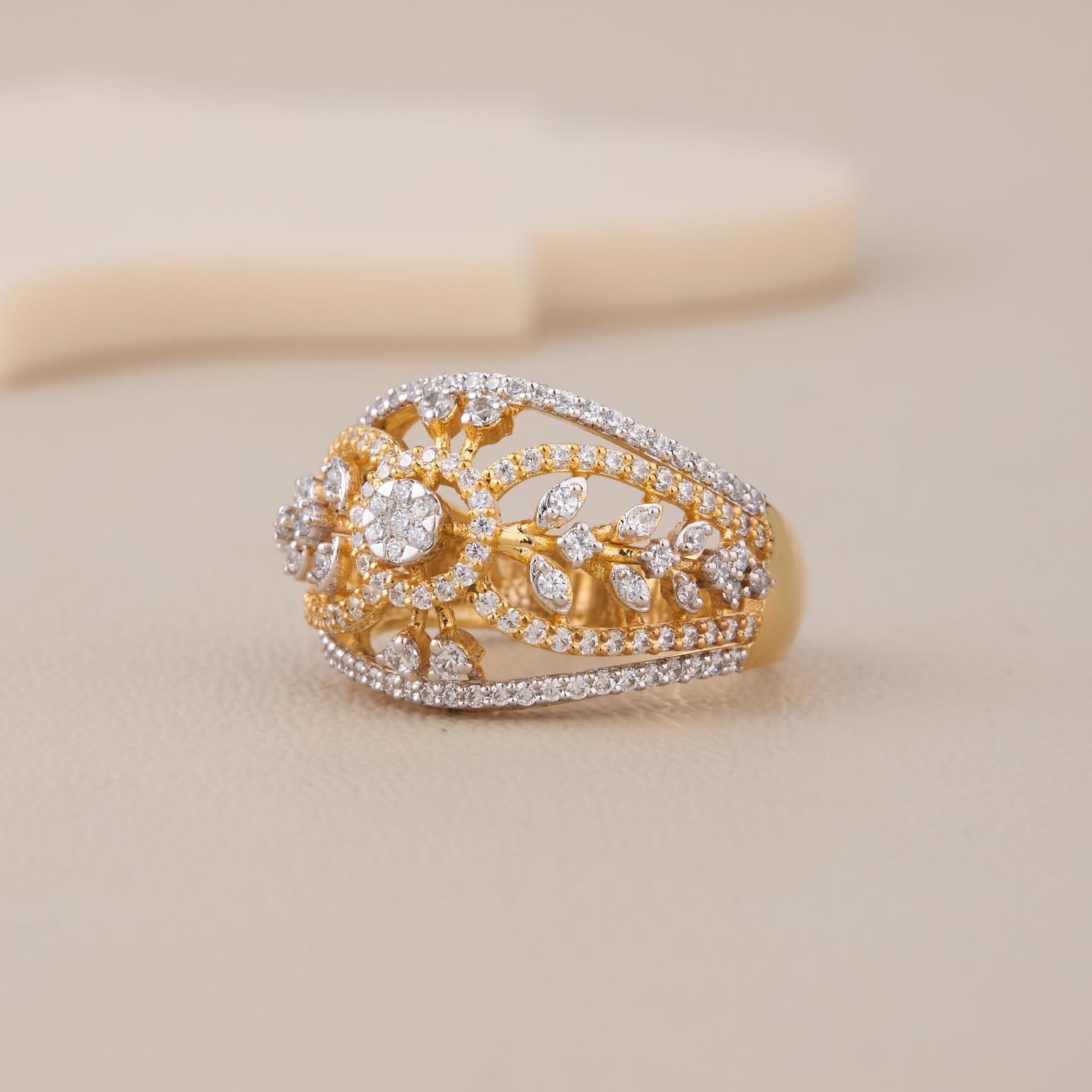 Golden Floral Filigree CZ Statement Ring - 2