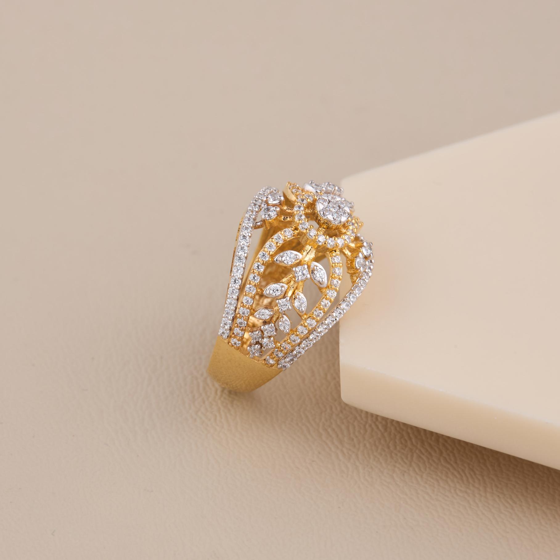 Golden Floral Filigree CZ Statement Ring - 3