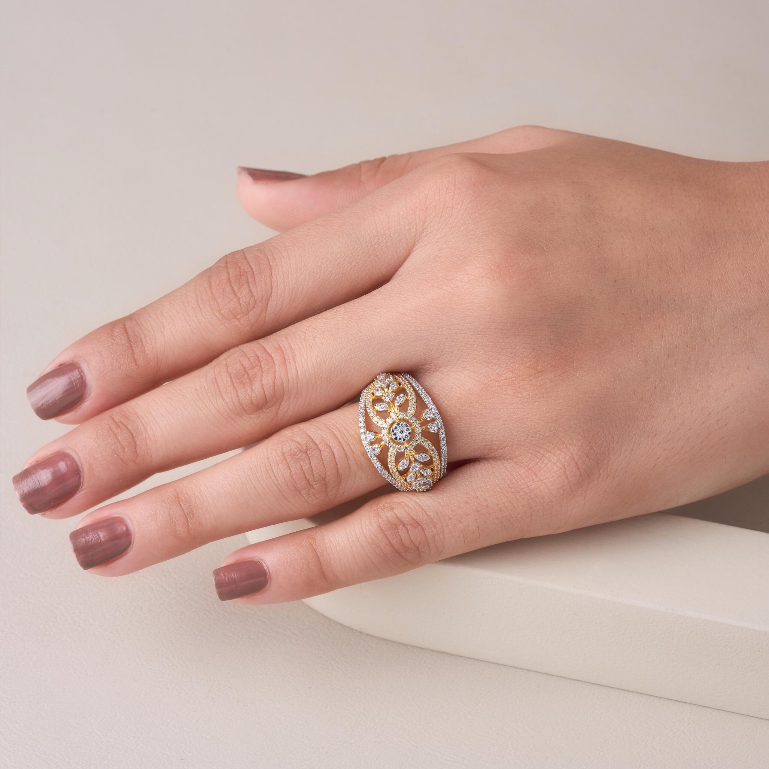 Golden Floral Filigree CZ Statement Ring - 4